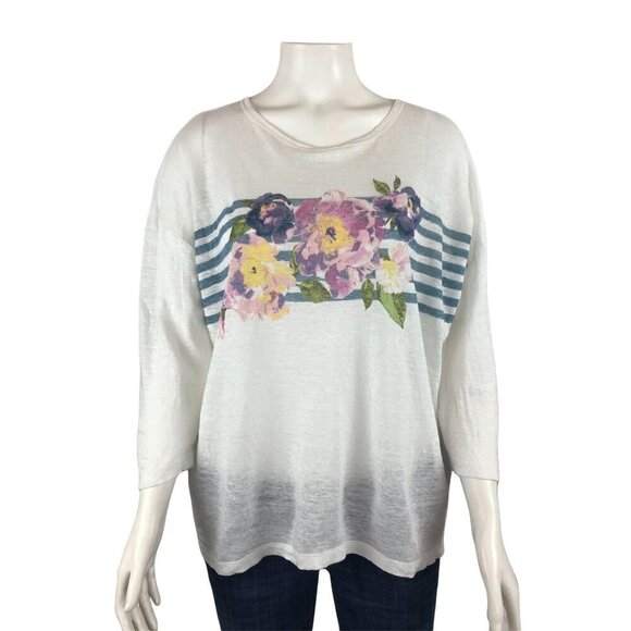 J. Jill Love Linen 3/4 Sleeve Shirt Large White Floral Top - Picture 1 of 7